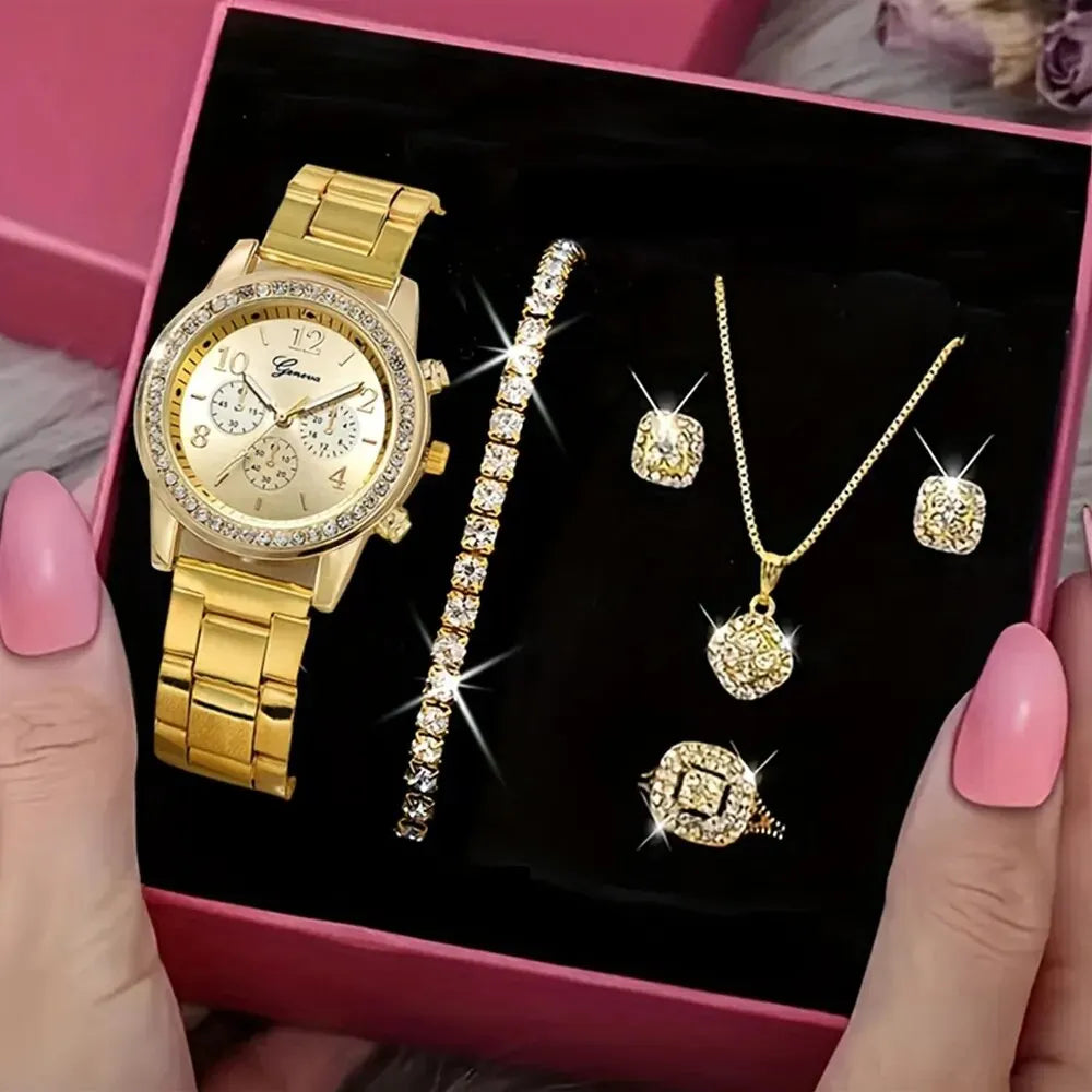 Women's Luxury 5 Pcs Gold Rhinestone Watch Set