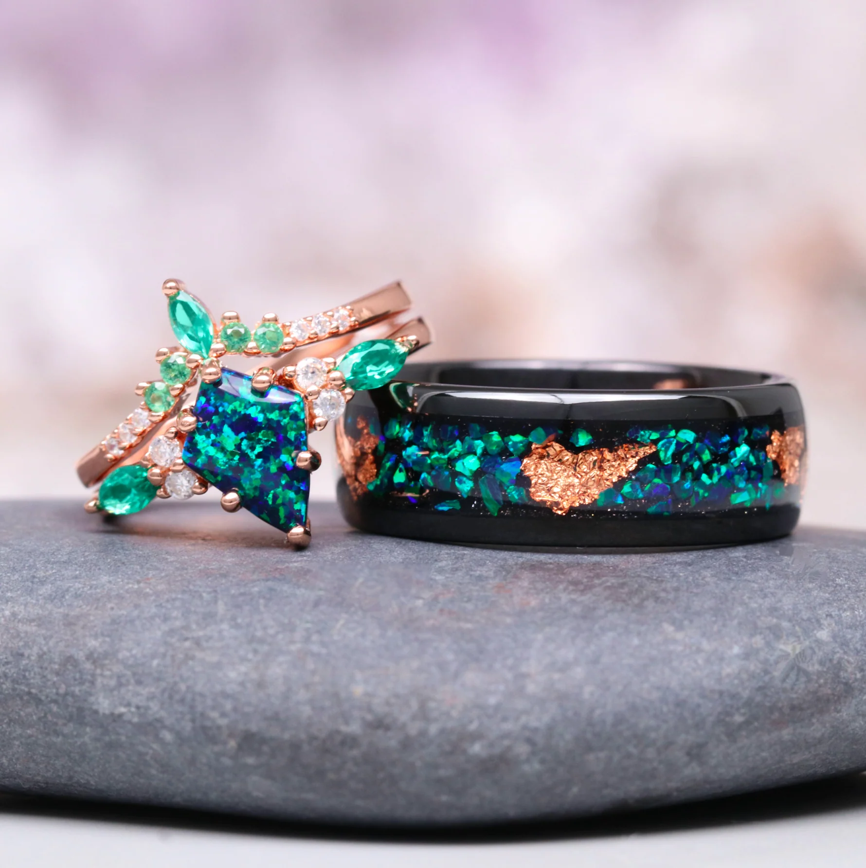 Skye pair ring set - peacock opal in peacock blue, rose gold-plated & tungsten