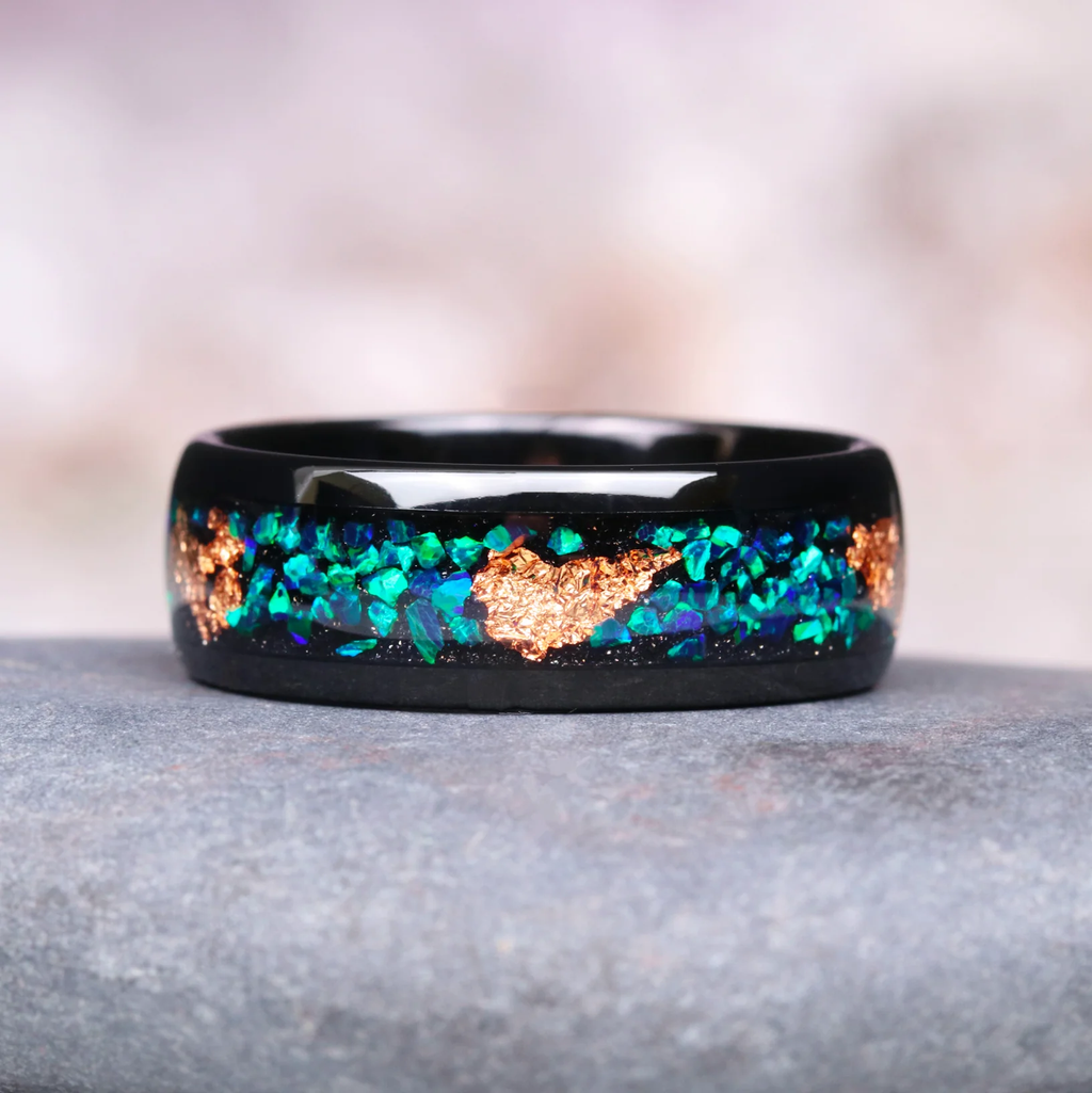 Skye pair ring set - peacock opal in peacock blue, rose gold-plated & tungsten