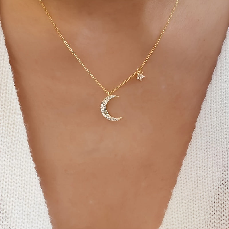 Delicate Zirconia Star & Moon Pendant Necklace