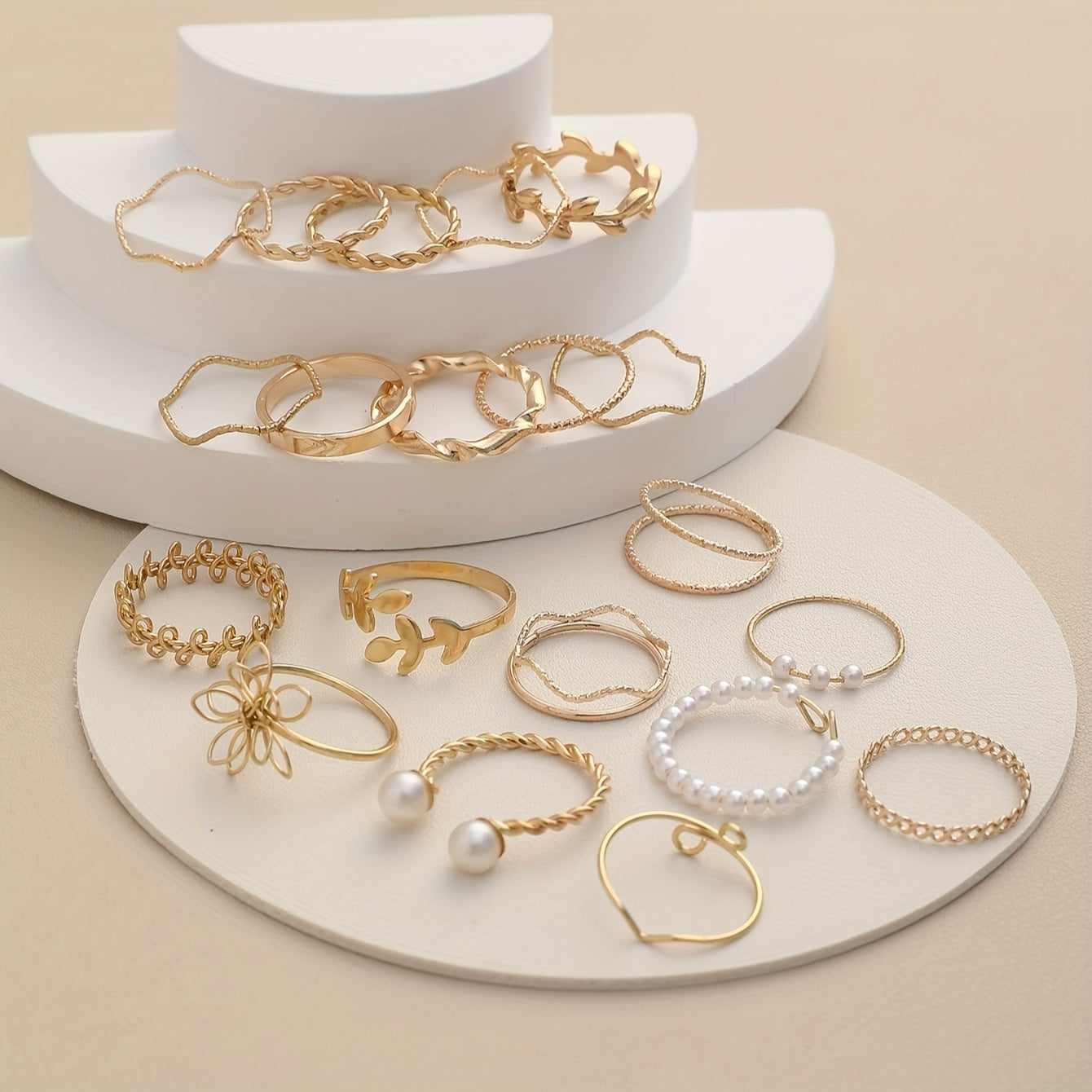 Floral & Pearl Accent Ring Set – 22pcs Leaf, Flower, and Faux Pearl Styles