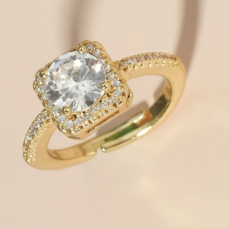 Elegant White Gold-Plated Ring – Adjustable Square Design with Synthetic Zirconia