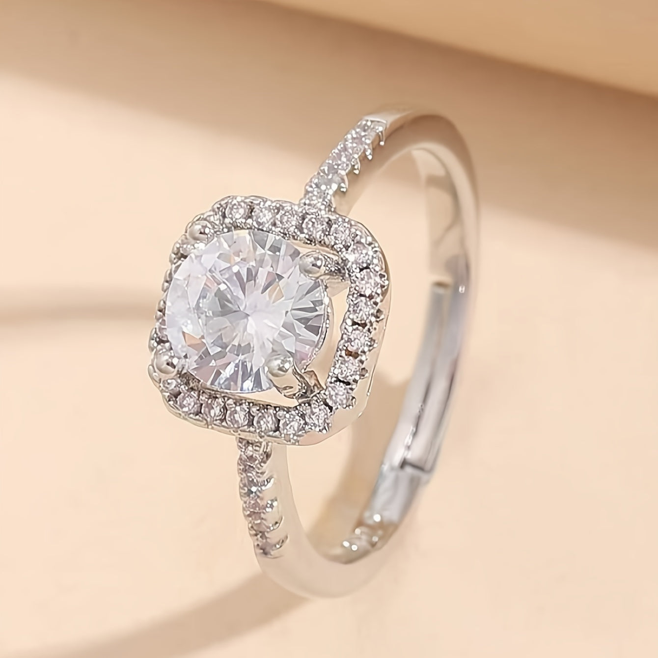 Elegant White Gold-Plated Ring – Adjustable Square Design with Synthetic Zirconia