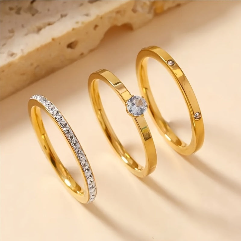 18K Gold Plated Elegant Ring Set with Rhinestones and Crystals – 3-Piece Set