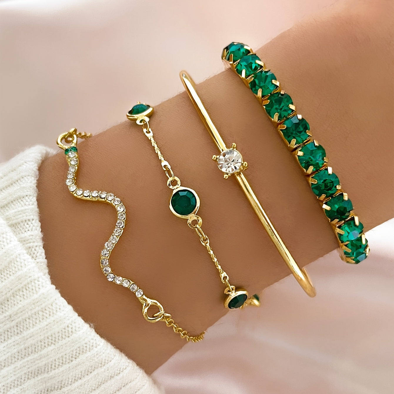 Green Gemstone Bracelet Set – Elegant Snake Chains with Rhinestone Detail