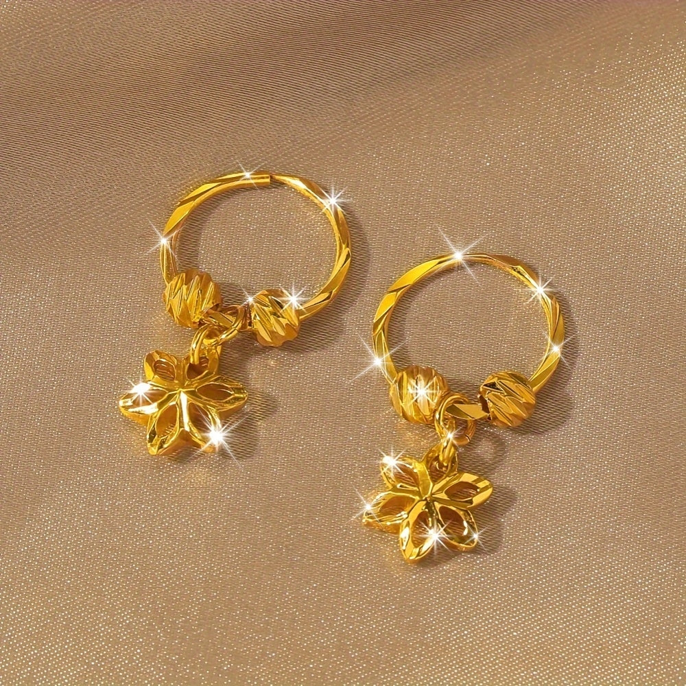Pair of Gold-Plated Hollow Star Earrings with Floral Motif & Beads