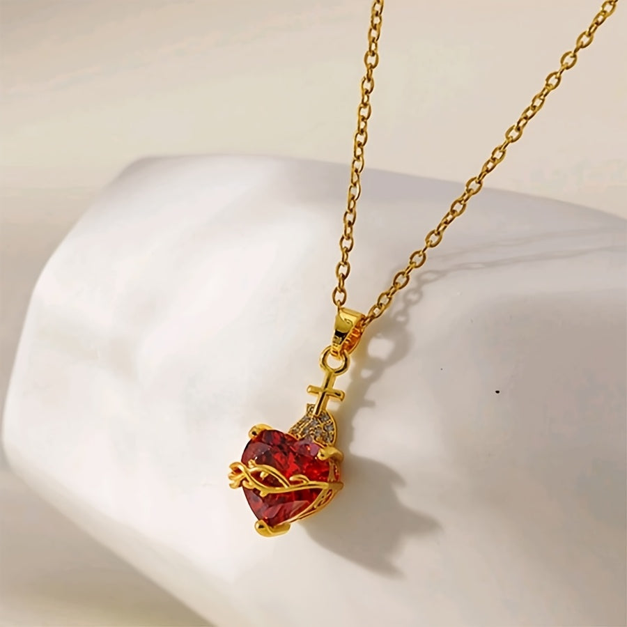 Gothic Red Heart Necklace with Synthetic Zirconia Accents