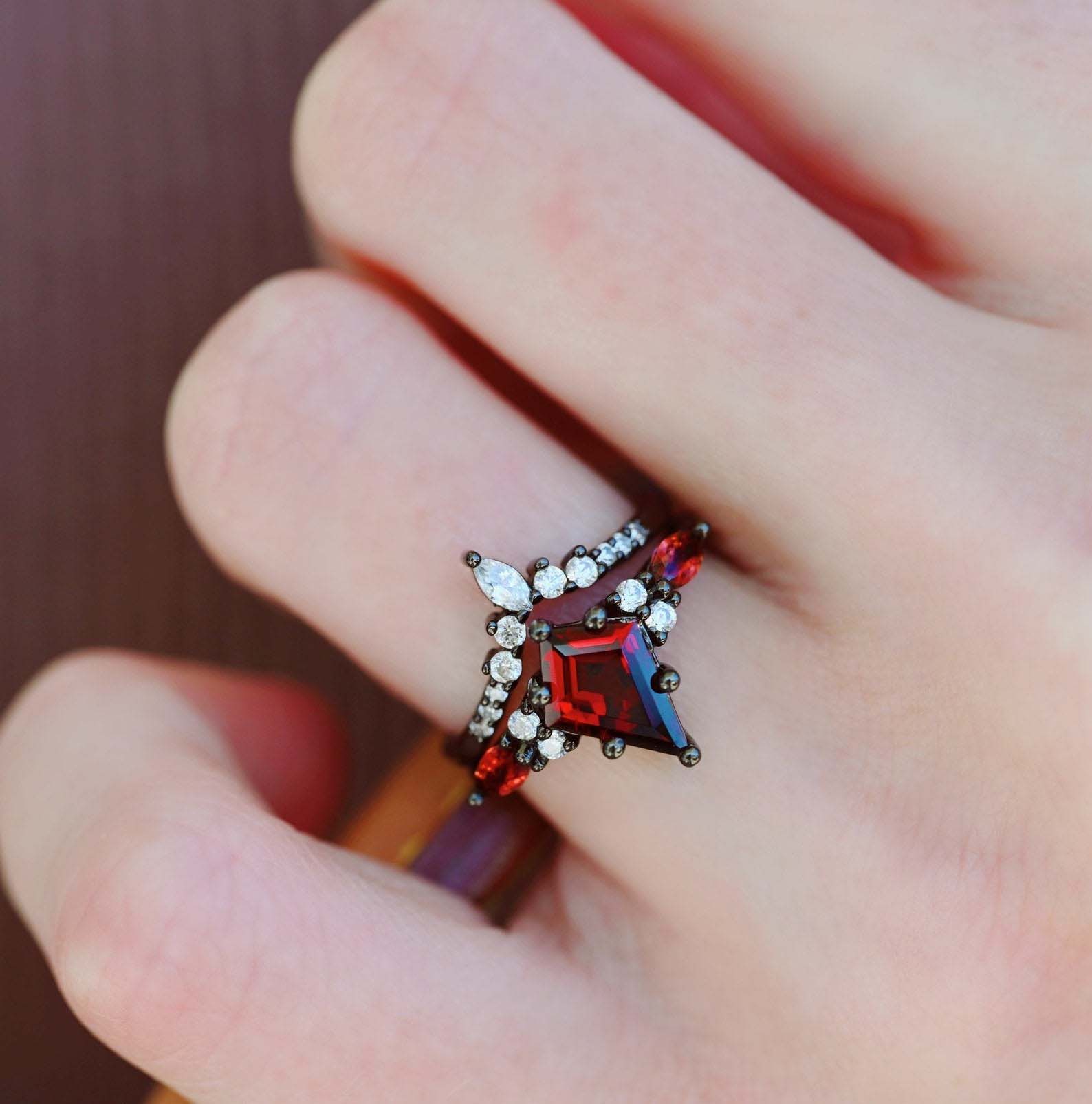 Skye garnet wedding ring set - matching rings for him & her