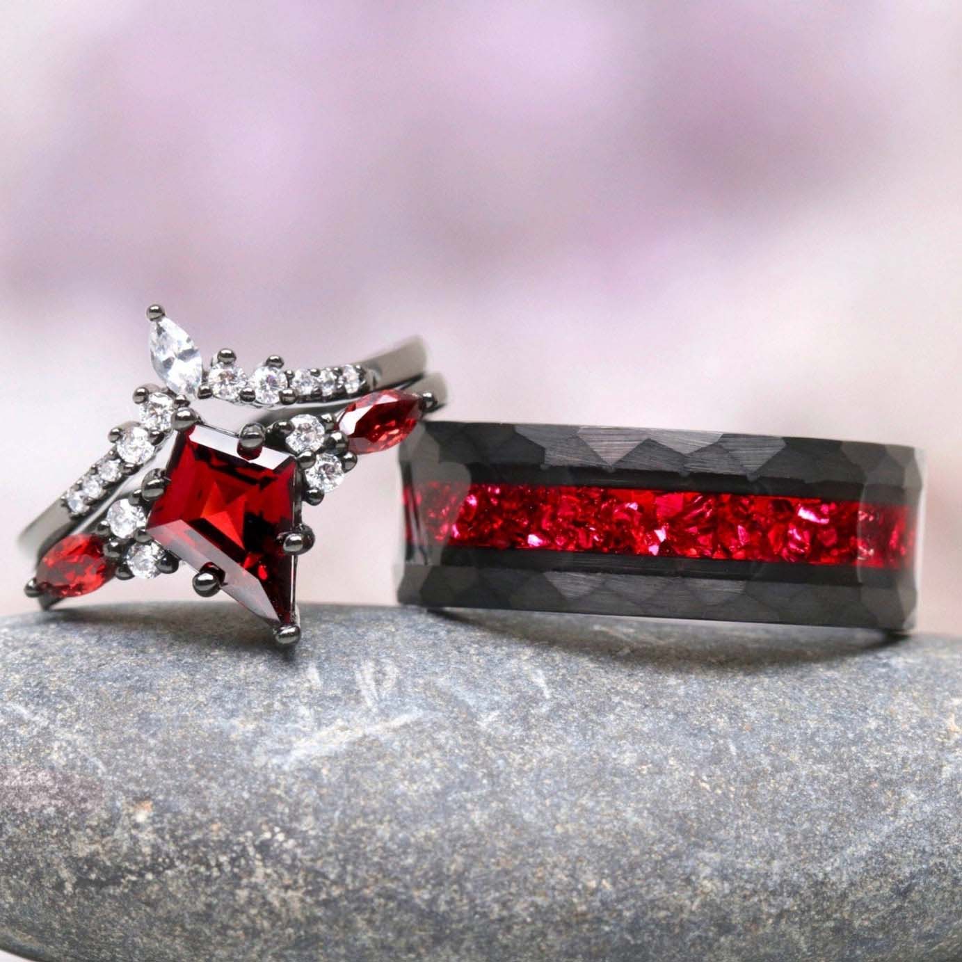 Skye garnet wedding ring set - matching rings for him & her