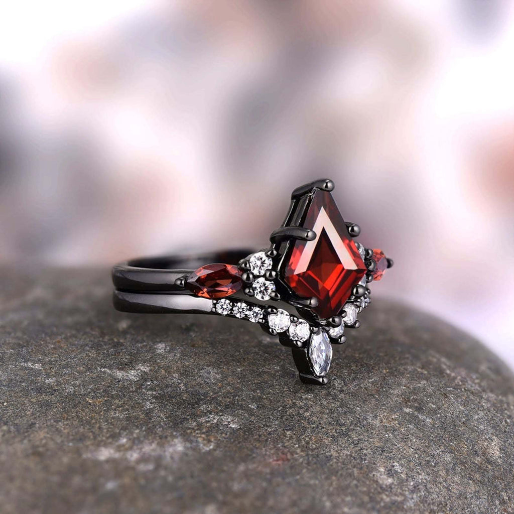 Skye garnet wedding ring set - matching rings for him & her