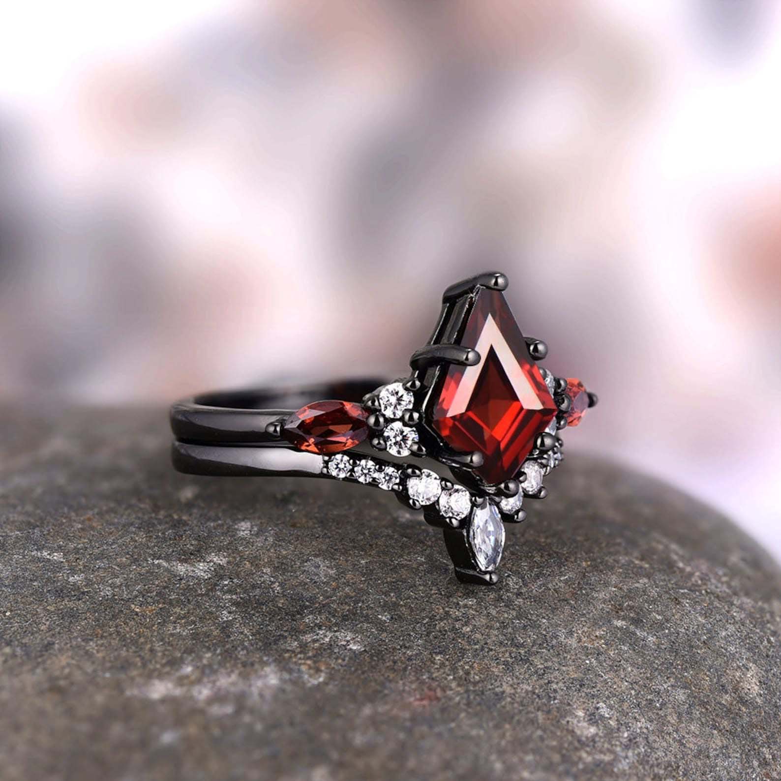 Skye garnet wedding ring set - matching rings for him & her