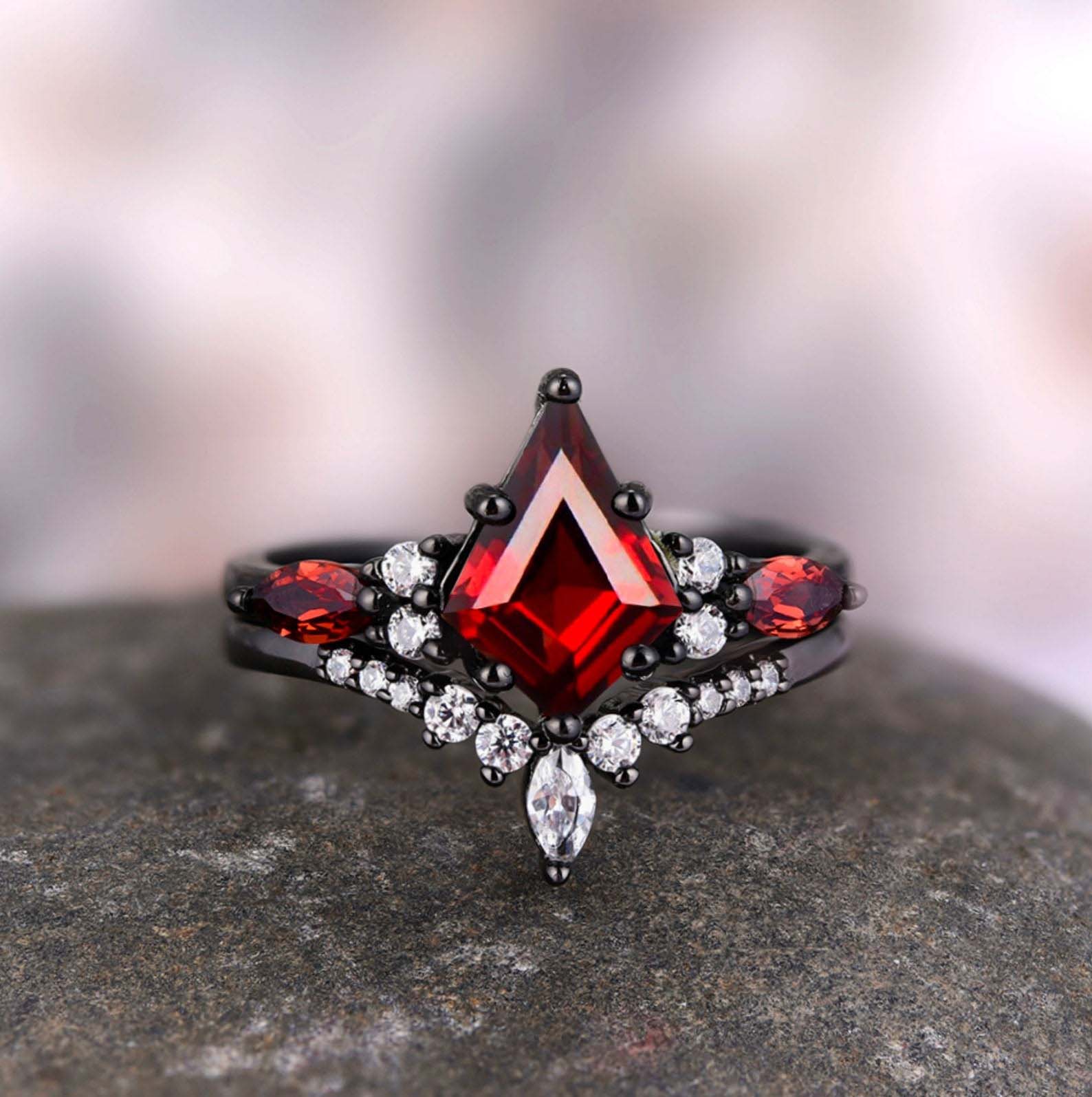 Skye garnet wedding ring set - matching rings for him & her