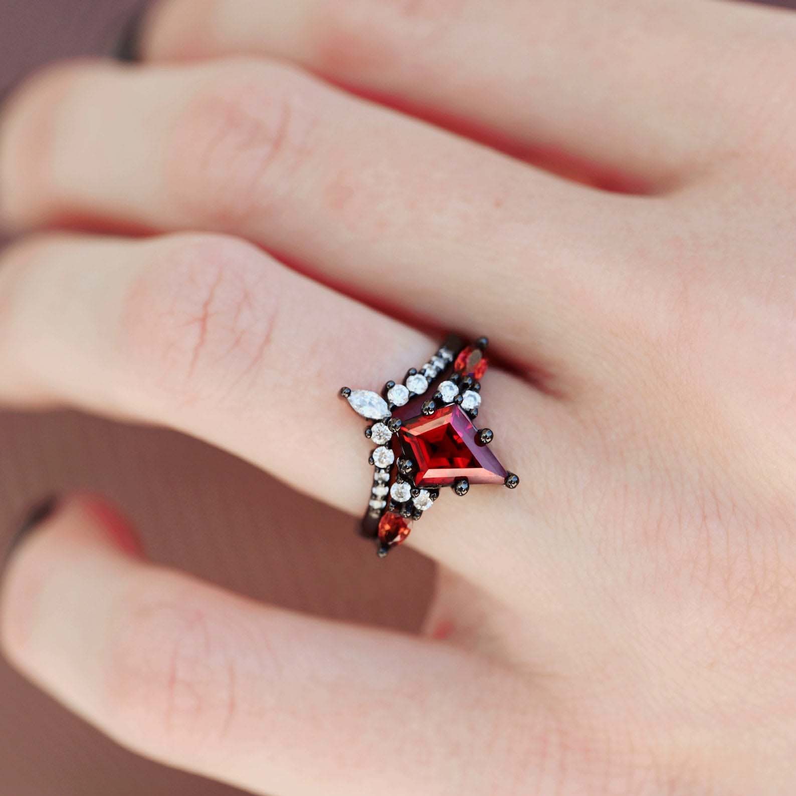 Skye garnet wedding ring set - matching rings for him & her