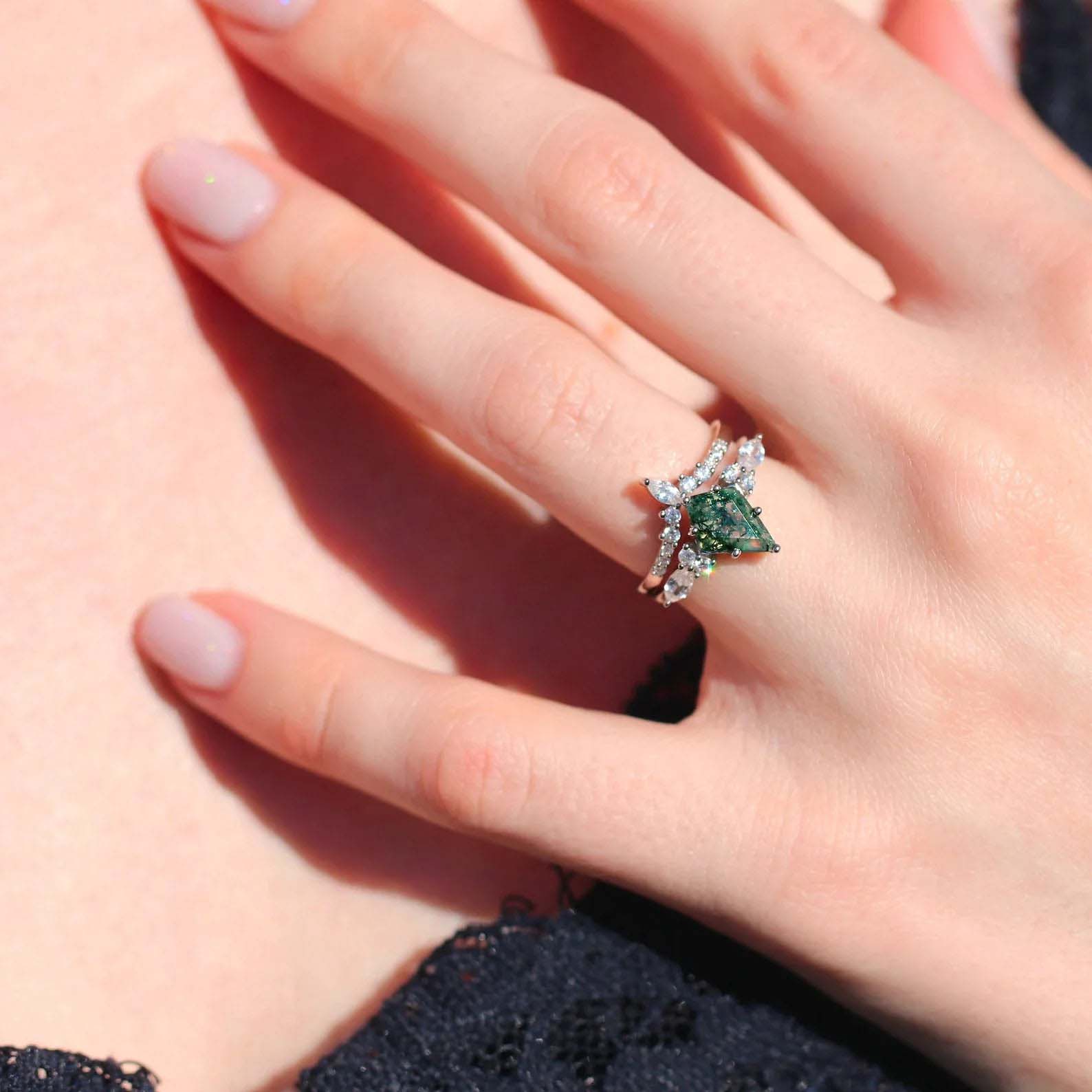 His & Hers Skye wedding rings - rings made from green moss agate