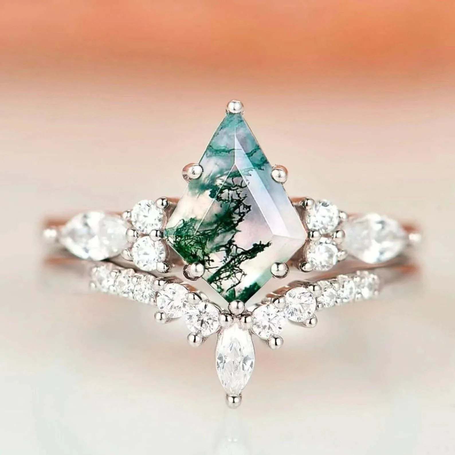 His & Hers Skye wedding rings - rings made from green moss agate