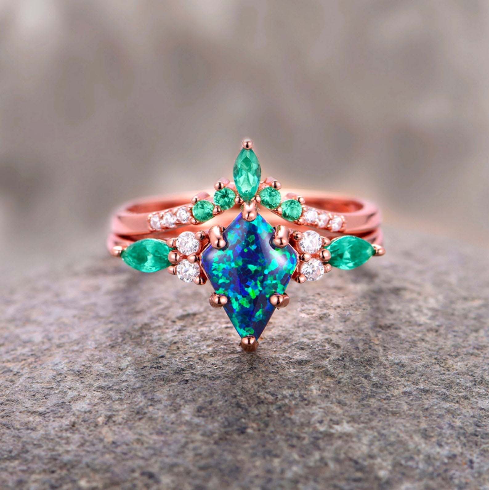 Skye pair ring set - peacock opal in peacock blue, rose gold-plated & tungsten