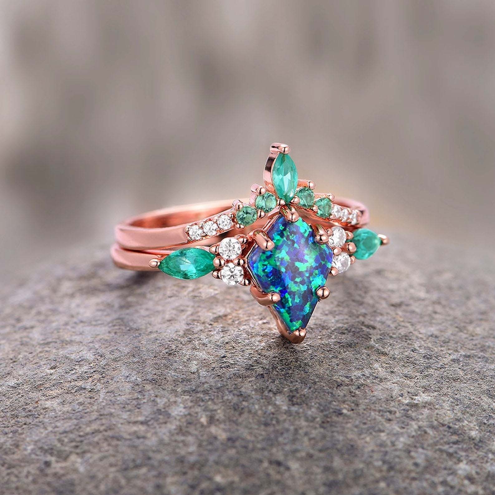Skye pair ring set - peacock opal in peacock blue, rose gold-plated & tungsten