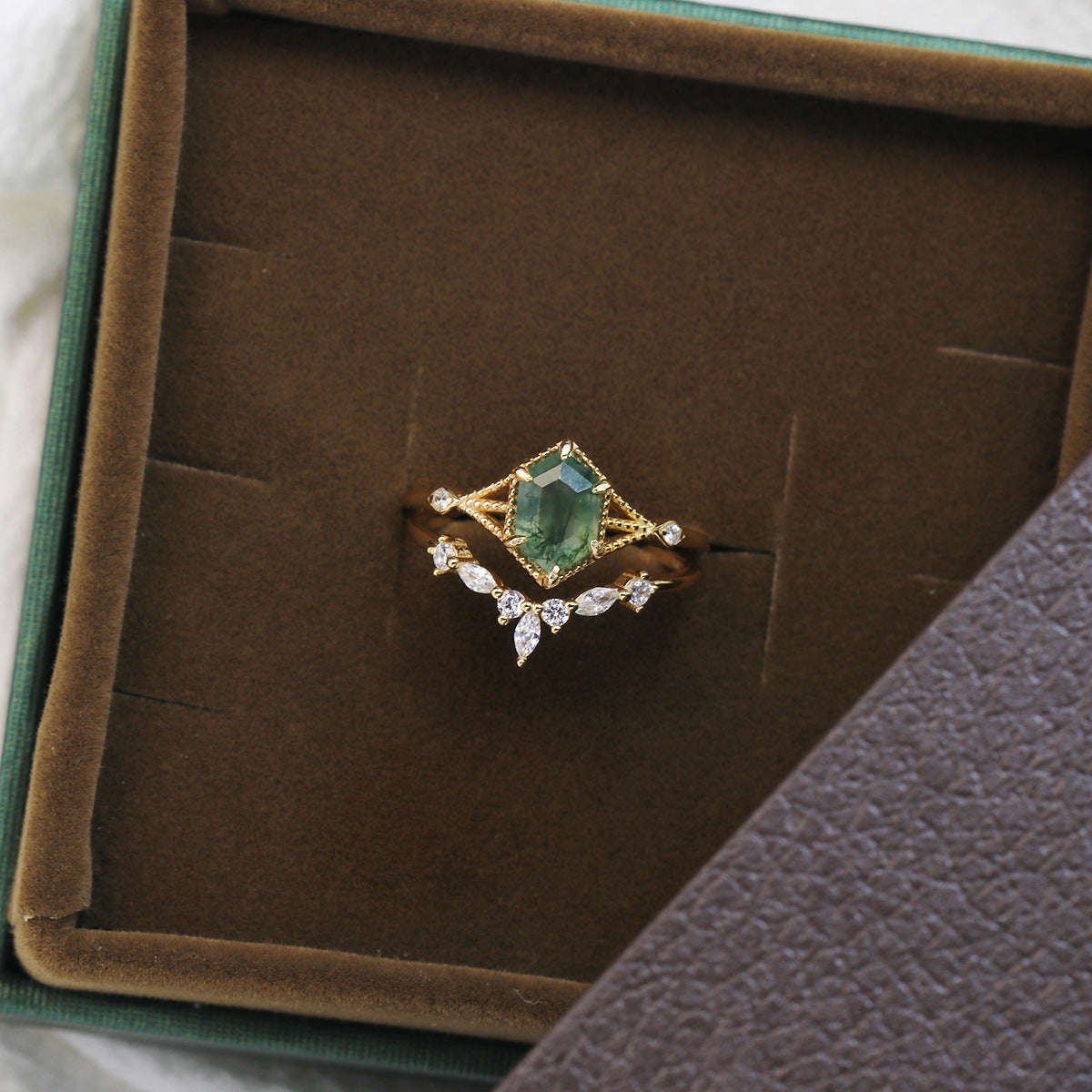 Elegant ring with natural green moss agate